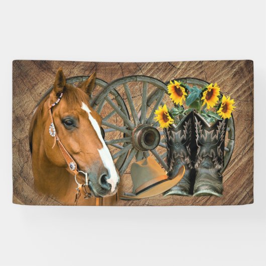 Pferde Cowboy Boots Wagon Wheel Sonnenblumen Weste Banner (Horizontal)
