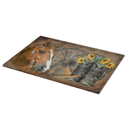 Pferde Cowboy Boots Wagon Wheel Sonnenblumen Weste Schneidebrett (Ecke)