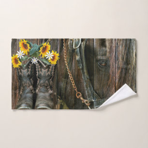 Pferde Cowboy Stiefel Sonnenblumen Rustikales Barn Handtuch