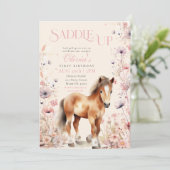 Pferde Cowgirl Reittiere Wildblumen Rosa Geburtsta Einladung (Stehend Vorderseite)