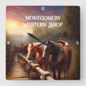 Pferde, die an eine Schiene angeschlagen wurden Quadratische Wanduhr (Vorderseite)