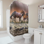 Pferde, die bei Sonnenuntergang im Ozean surfen Duschvorhang (Beispiel)