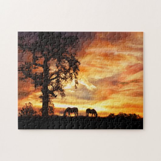 Pferde Eichenbaum und fiery Sunset Puzzle (Horizontal)