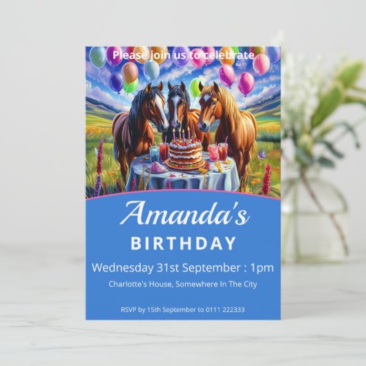 Pferde Geburtstagsparty Einladung (Stehend Vorderseite)