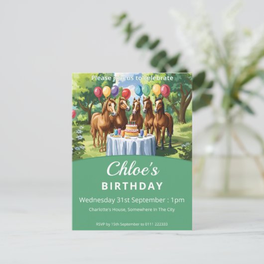 Pferde Geburtstagsparty Einladungspostkarte (Stehend Vorderseite)