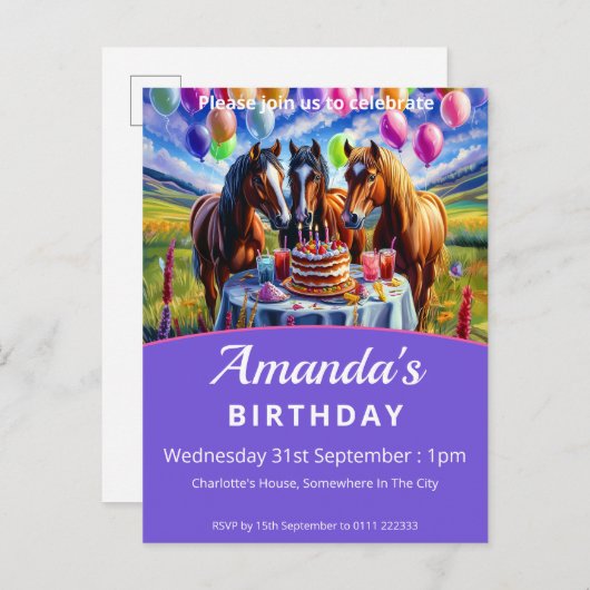 Pferde Geburtstagsparty Einladungspostkarte (Vorne/Hinten)