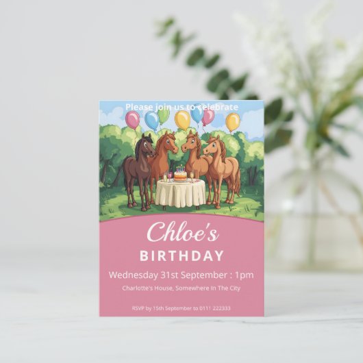 Pferde Geburtstagsparty Einladungspostkarte (Stehend Vorderseite)