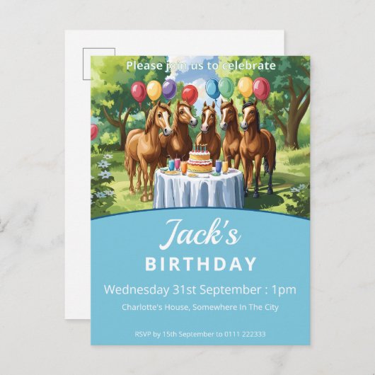 Pferde Geburtstagsparty Einladungspostkarte (Vorne/Hinten)