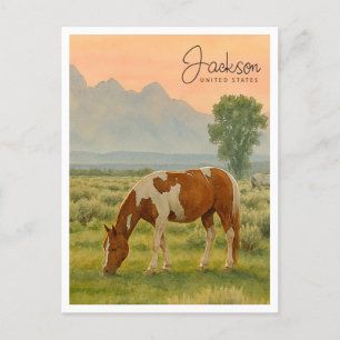 Pferde & Grand Tetons   Jackson WY Watercolor Feiertagspostkarte