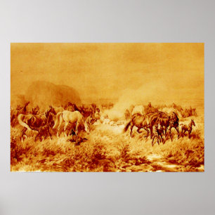 PFERDE GRASEN Antique Orange Gelb Braun Sepia Poster