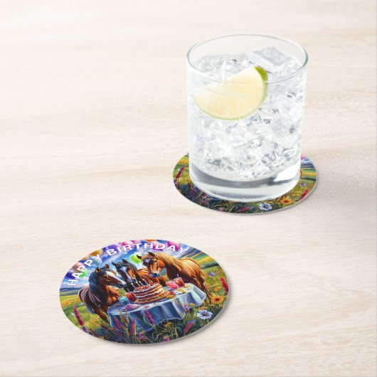 Pferde Happy Birthday Runder Pappuntersetzer (Vor Ort)