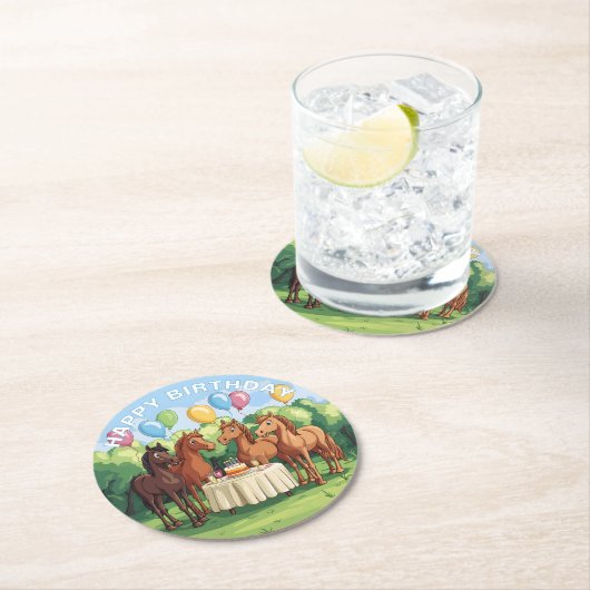 Pferde Happy Birthday Runder Pappuntersetzer (Vor Ort)