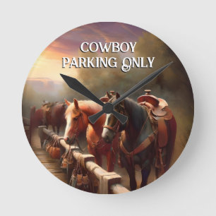 Pferde Hitched "Cowboy Parking" Runde Wanduhr