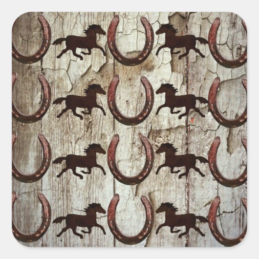 Pferde Horseshos auf Barnholz Cowboy Geschenke Quadratischer Aufkleber (Vorderseite)