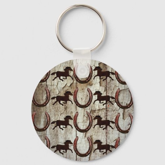 Pferde Horseshos auf Barnholz Cowboy Geschenke Schlüsselanhänger (Vorderseite)