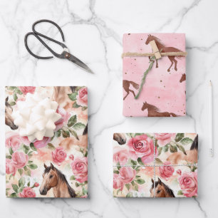 Pferde Hübsch Rosa Rosen Blumengeburt Geschenkpapier Set