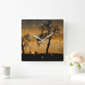 Pferde in der Natur und Sonnenuntergang Beautfiul Quadratische Wanduhr (Zuhause)