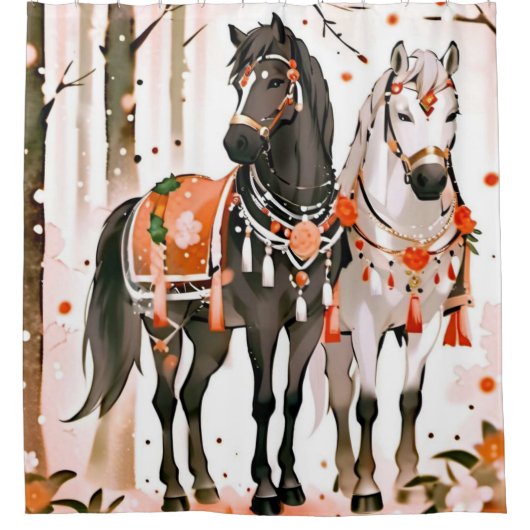 Pferde in einem Roten Wald Duschvorhang (Vorderseite)