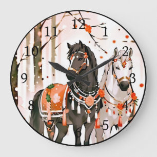 Pferde in einem Roten Wald Große Wanduhr