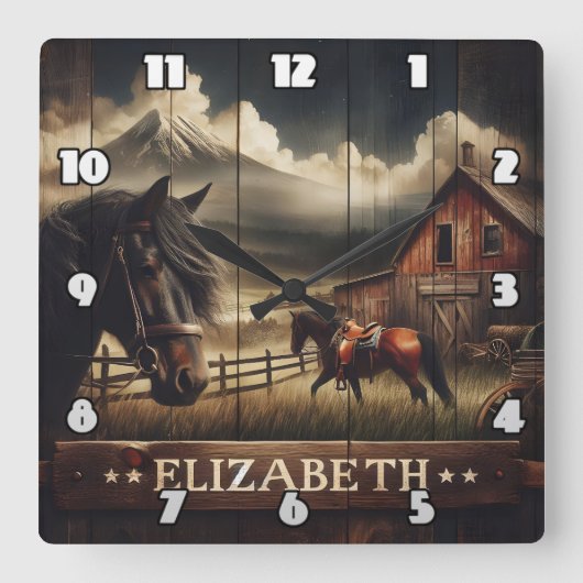 Pferde in einem rustikalen Stall unter Bergwolken Quadratische Wanduhr (Vorderseite)