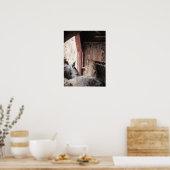 Pferde in einer Scheune an einem Regentag Poster (Küche)