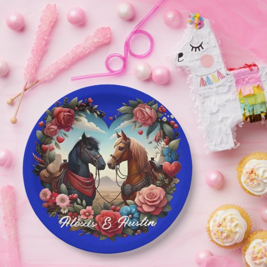 Pferde in Herz-Blau Pappteller (Party)