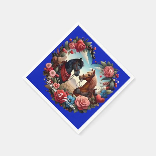 Pferde in Herz-Blau Serviette (Ecke)