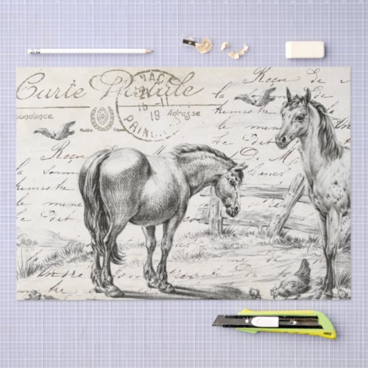 Pferde in Weidenzaun Französisch Script Decoupage Seidenpapier (Handwerk)