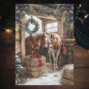 Pferde Karo Landweihnachten Winter Scheunen Szene Feiertagskarte