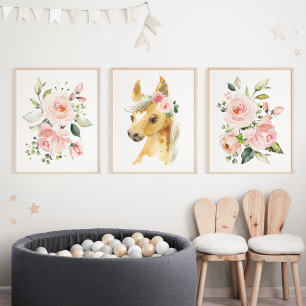Pferde, Landtiere, rosa Blume, Kinderzimmer für Mä Bilderwand Sets