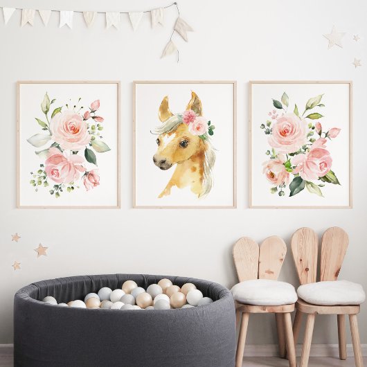 Pferde, Landtiere, rosa Blume, Kinderzimmer für Mä Bilderwand Sets