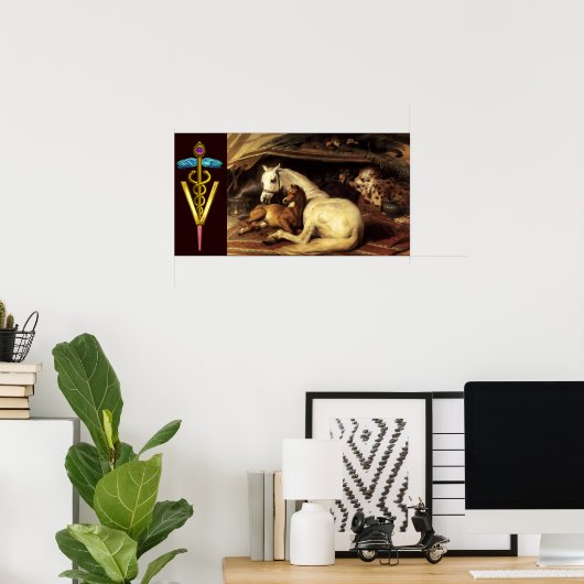 PFERDE MIT GOLD CADUCEUS VETERINÄRSYMBOL POSTER (Heimbüro)