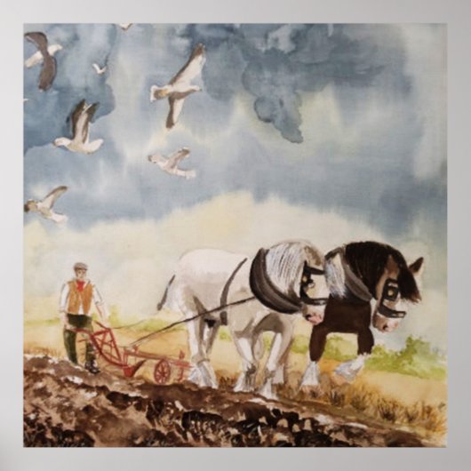 Pferde Pflügen Wasserfarbe Poster (Vorne)
