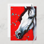 Pferde REd Hintergrund Blaue Blumen Postkarte (Vorne/Hinten)