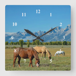 Pferde Teton Berge Landschaft Foto Quadratische Wanduhr