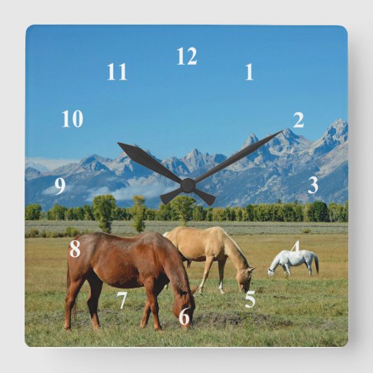 Pferde Teton Berge Landschaft Foto Quadratische Wanduhr (Vorderseite)