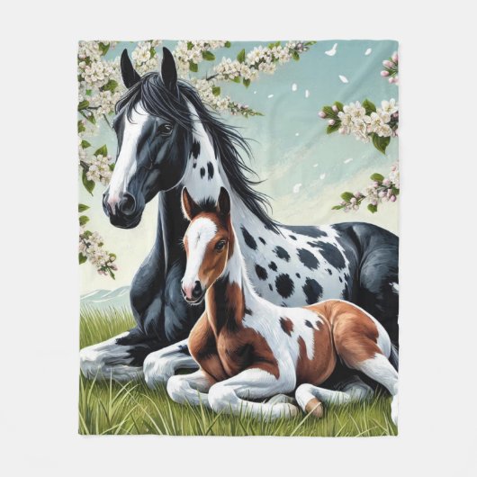 Pferde und Fohlen ruhen Amid blühende Bäume Fleecedecke (Vorderseite)