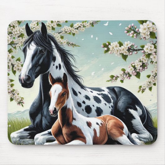 Pferde und Fohlen ruhen Amid blühende Bäume Mousepad (Vorne)