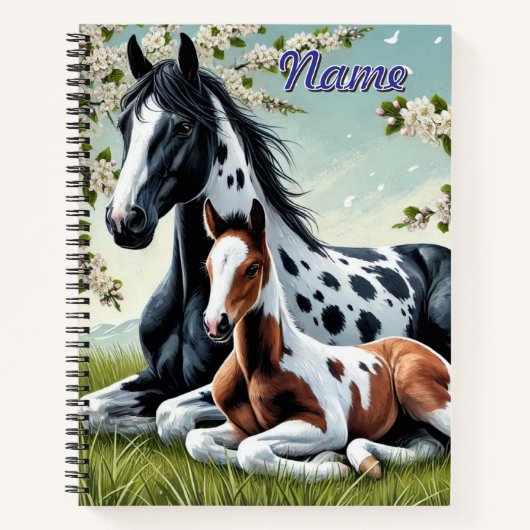 Pferde und Fohlen ruhen Amid blühende Bäume Notizblock (Vorderseite)