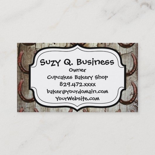 Pferde und Hufeisen auf Scheunen-hölzernen Visitenkarte (Vorderseite)