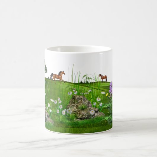 Pferde und Rotwild in der Wiese Kaffeetasse (Mittel)