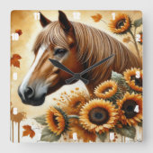 Pferde und Sonnenblumen Herbstblätter Quadratische Wanduhr (Vorderseite)