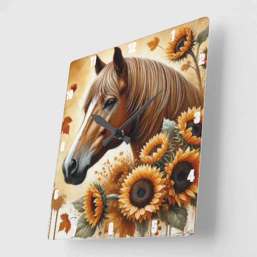 Pferde und Sonnenblumen Herbstblätter Quadratische Wanduhr (Winkel)