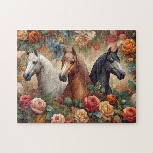 Pferde Vintage Rosen Puzzle (Horizontal)