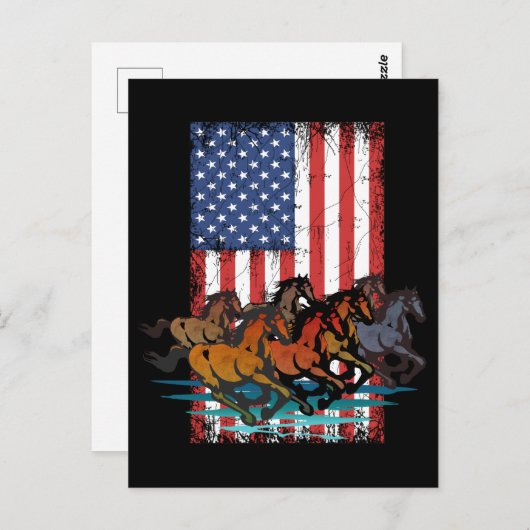 PFERDE VINTAGER AMERIKANISCHER FLAGGE ENTFERNT POSTKARTE (Vorne/Hinten)