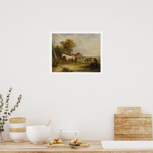 Pferde Weiden: Ein grauer Stallion mit Mares Poster (Küche)