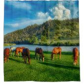 Pferde Weiden in der Nähe eines Flusses und Berges Duschvorhang (Vorderseite)