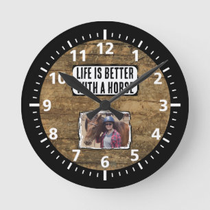 Pferdefreund 1 Foto Schwarz-weiß rustikal Runde Wanduhr