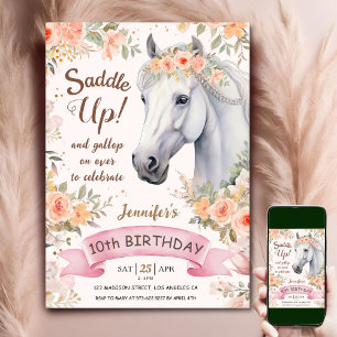 Pferdegeburtstags-Sattel auf  Rosa Blumen-Pony-Par Einladung