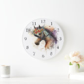Pferdegesicht mit Blume Kranz Große Wanduhr (Zuhause)